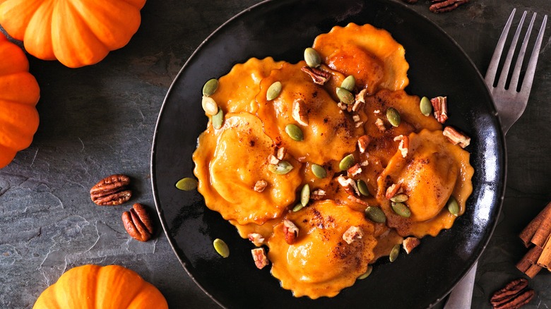 bowl of ravioli with pumpkin 