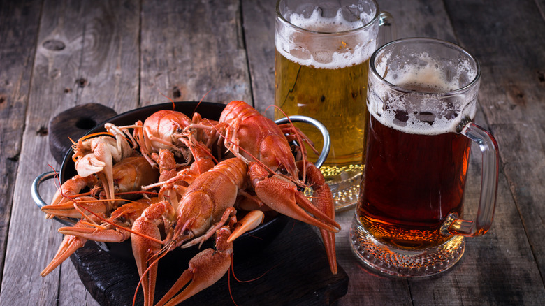 Pot of lobsters with light beer and dark beer