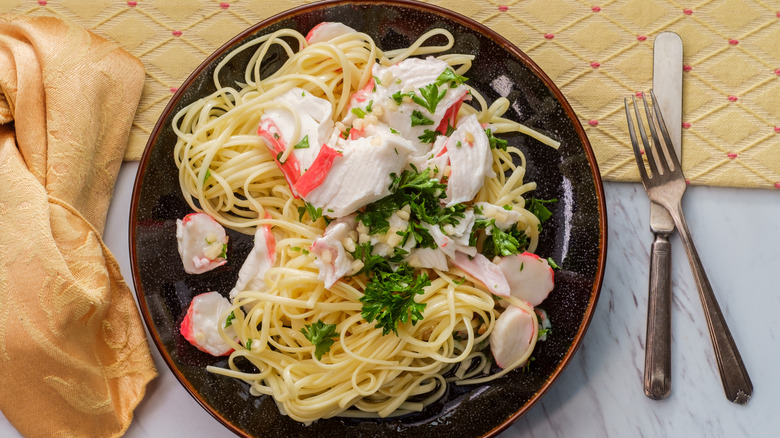 crab scampi over linguine