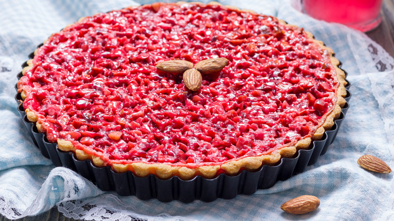 Tart covered in pink French pralines