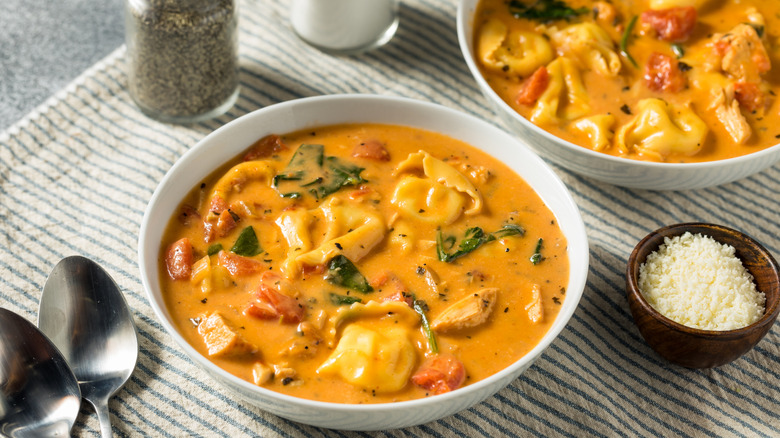 creamy tortellini soup in a bowl