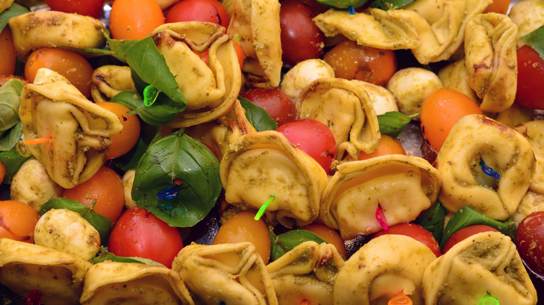 closeup of tortellini vegetable skewers