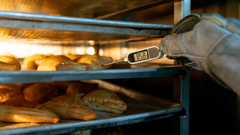 Baker using meat thermometer on bread