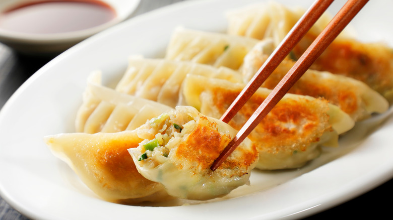 Japanese gyoza dumplings with chopsticks