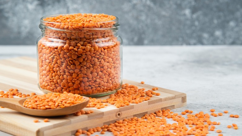 Glass jar of red lentils