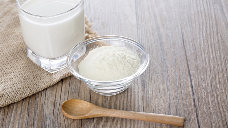 Glass bowl of powdered milk