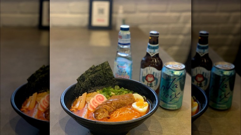 bowl of ramen and drinks