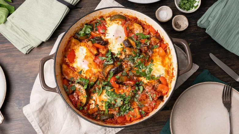 Shakshuka in dish with eggs