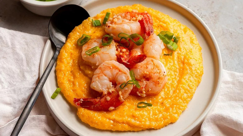 Plate of grits and shrimp on a plate