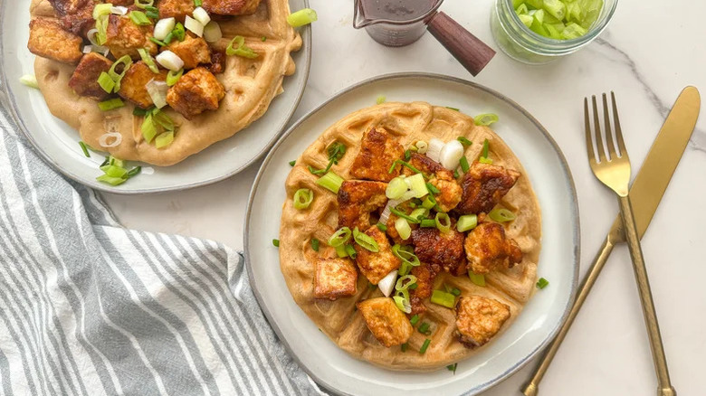 Spicy and sweet tofu and waffles with plate