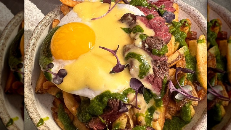 hanger steak frites fried duck egg