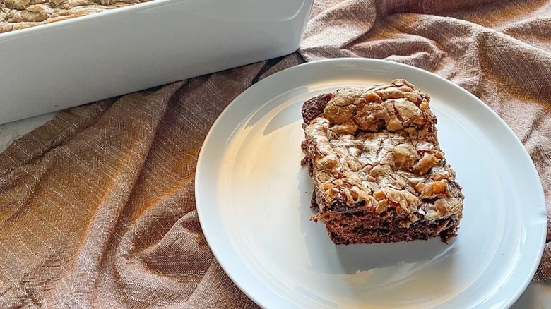 Square slice of chocolate butter cake