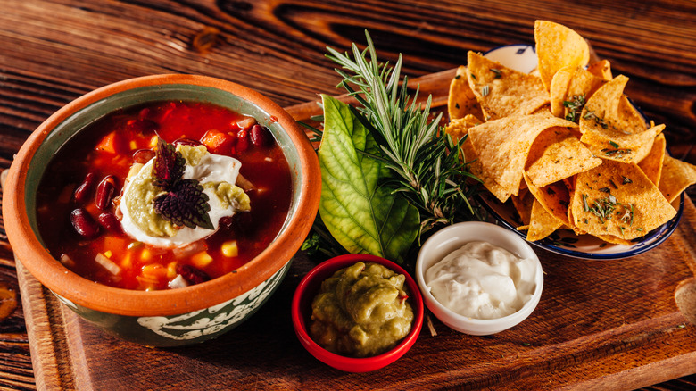 Tortilla soup on a tray