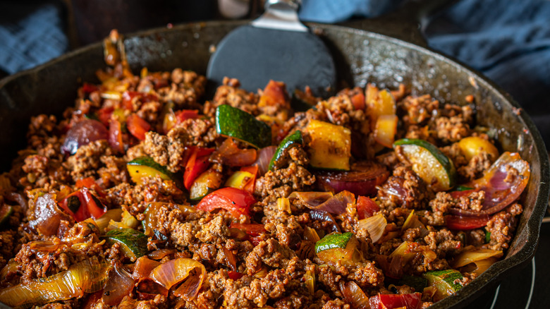 Pan of ground beef and vegetables