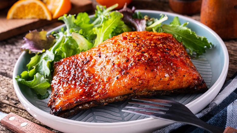 Glazed salmon on plate