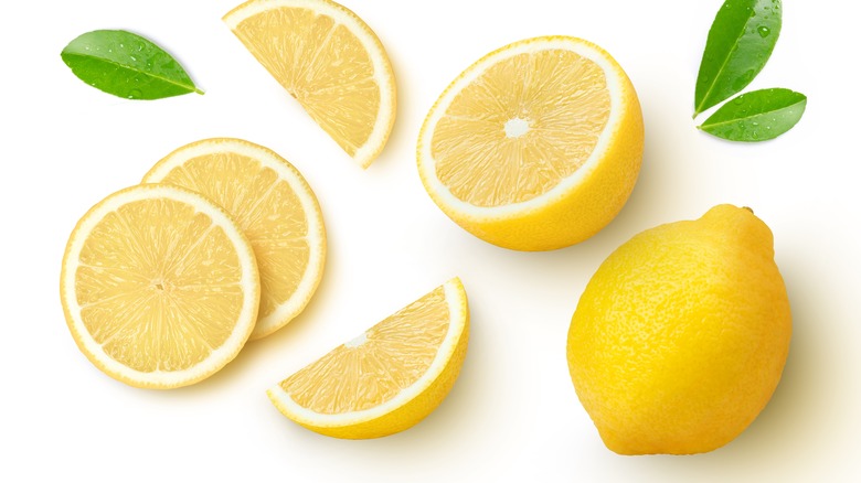 Sliced lemons and green leaves