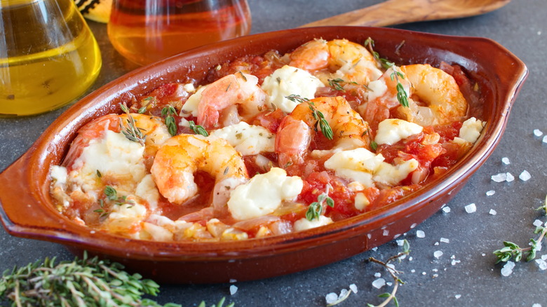 Shrimp saganaki and feta