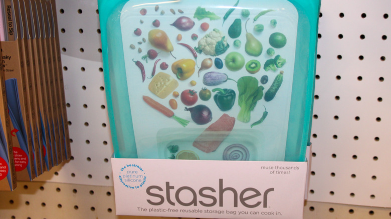 Stasher reusuable bags on pegboard