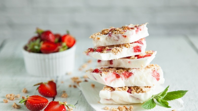Strawberries and frozen yogurt bark