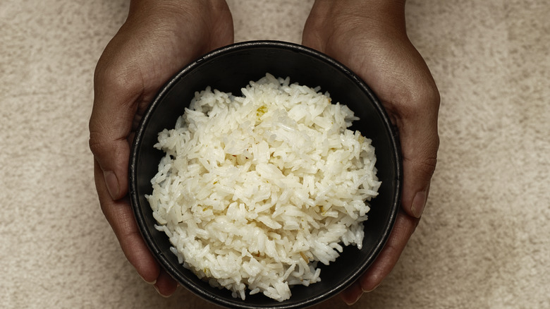 Black bowl with white rice