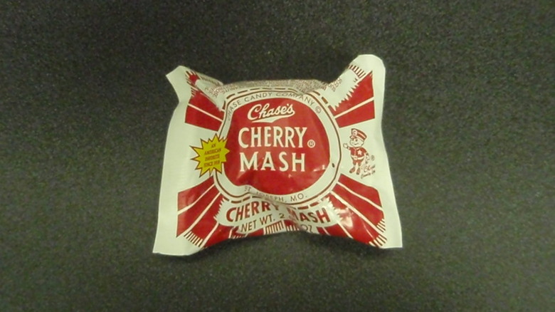 Closeup of an individually wrapped Cherry Mash candy