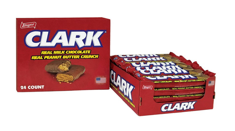 Boxes of Clark bars on a white ground