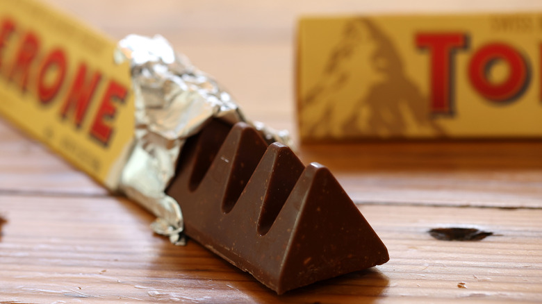 Closeup of a Toblerone bar, partially unwrapped