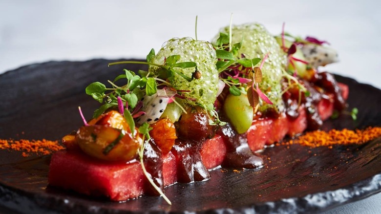 Indian watermelon chaat on slate