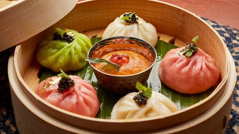 Rainbow steamed momos in bamboo