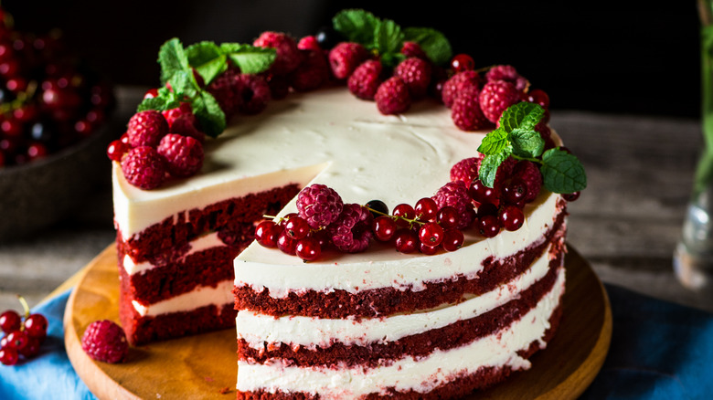 Red velvet cake on table