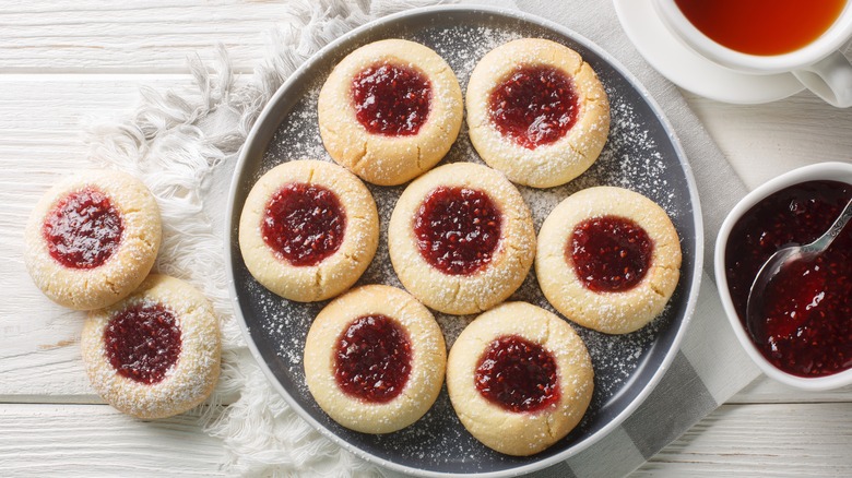 Jam thumbprint cookies on plate