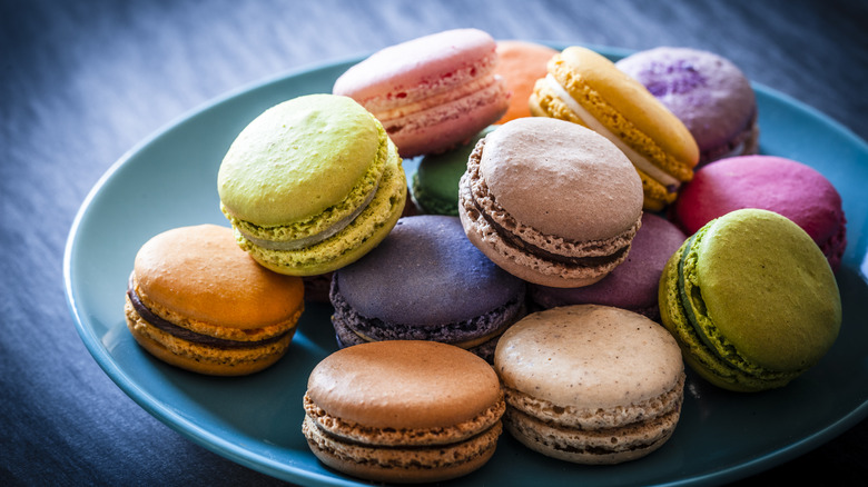 Macarons on blue plate