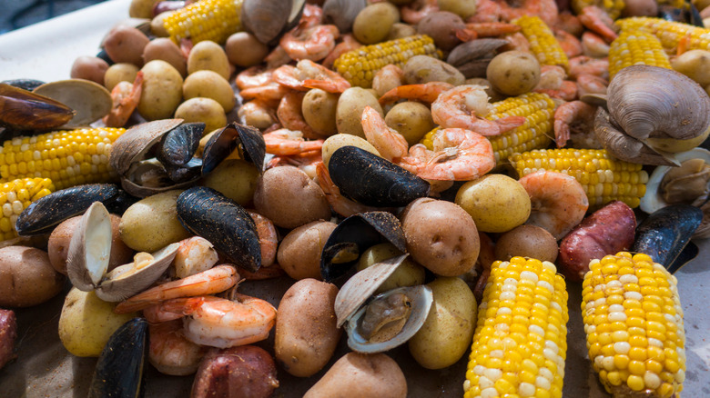 Clambake ingredients on tray