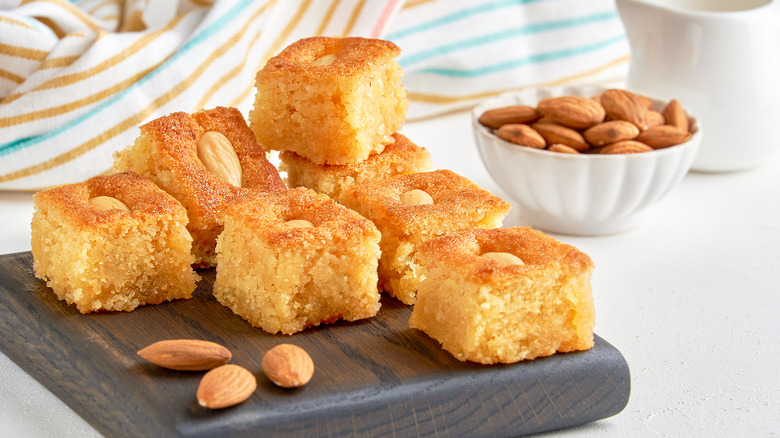 Basbousa with almonds on board