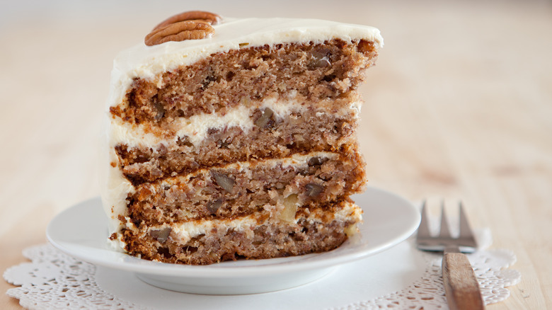 Hummingbird cake on white plate