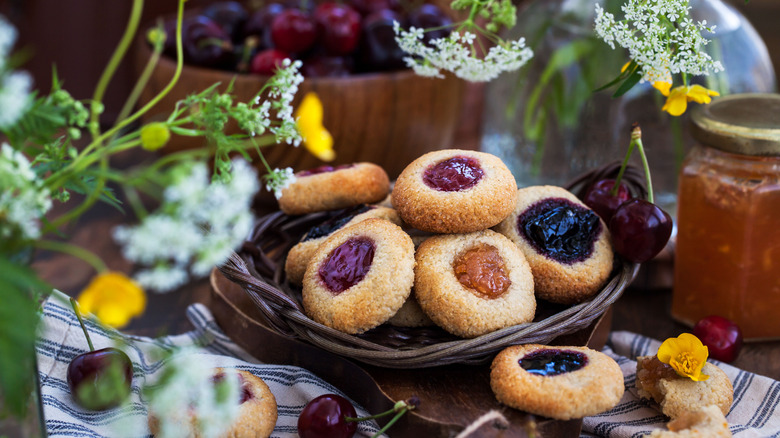 Jam thumbprint cookies on table