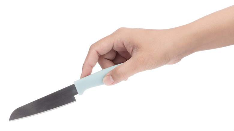 Hand holding paring knife on white