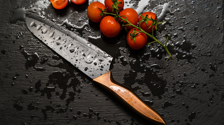 Santoku knife with cherry tomatoes on black