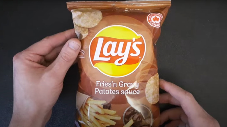 Person holding Fries'n Gravy chips bag