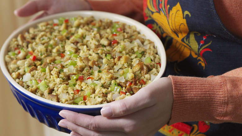 Stuffing in blue bowl