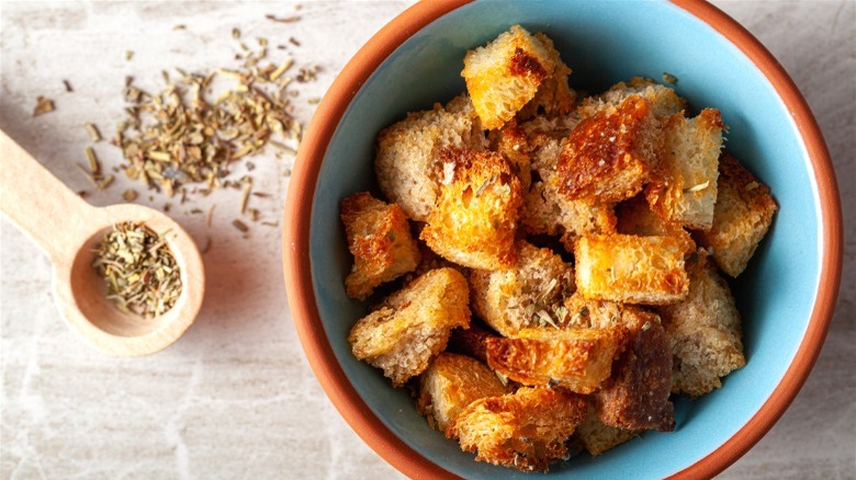 Bowl of homemade croutons