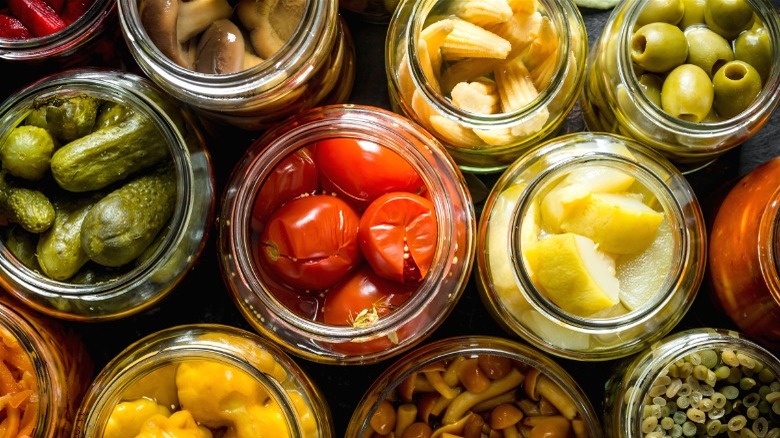 Jars of homemade vegetable preserves