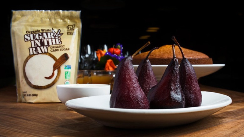 poached pears sugar and cake