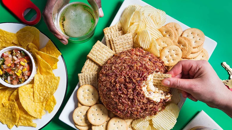Cheeseball with chips and beer
