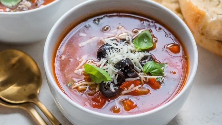 Bowl of vegetarian pizza soup