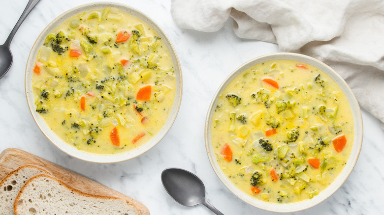 Broccoli cheddar soup two bowls