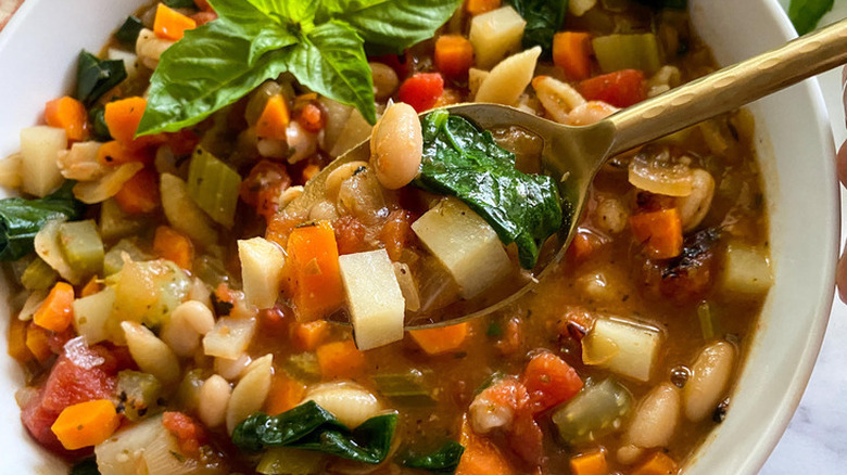 Chunky minestrone soup in bowl