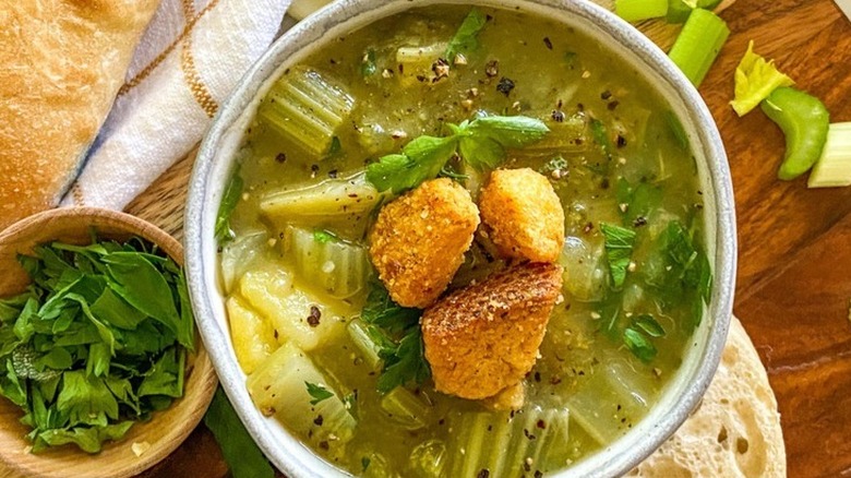 Chunky celery soup with croutons 