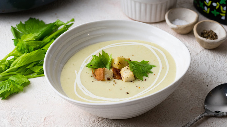 Creamy soup in white bowl