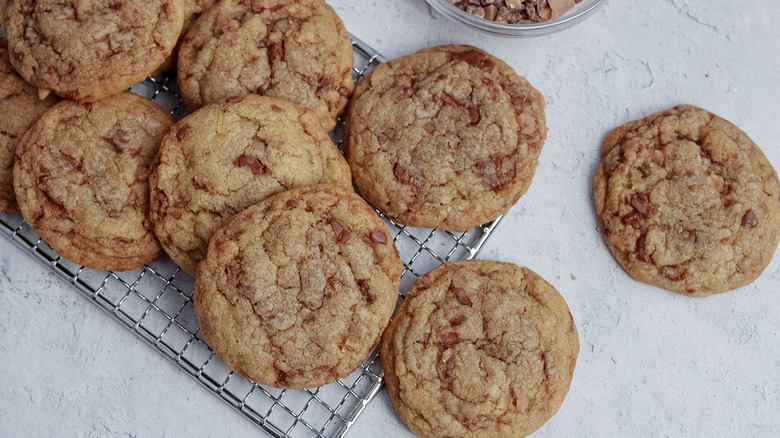 toffee chip cookies on rack